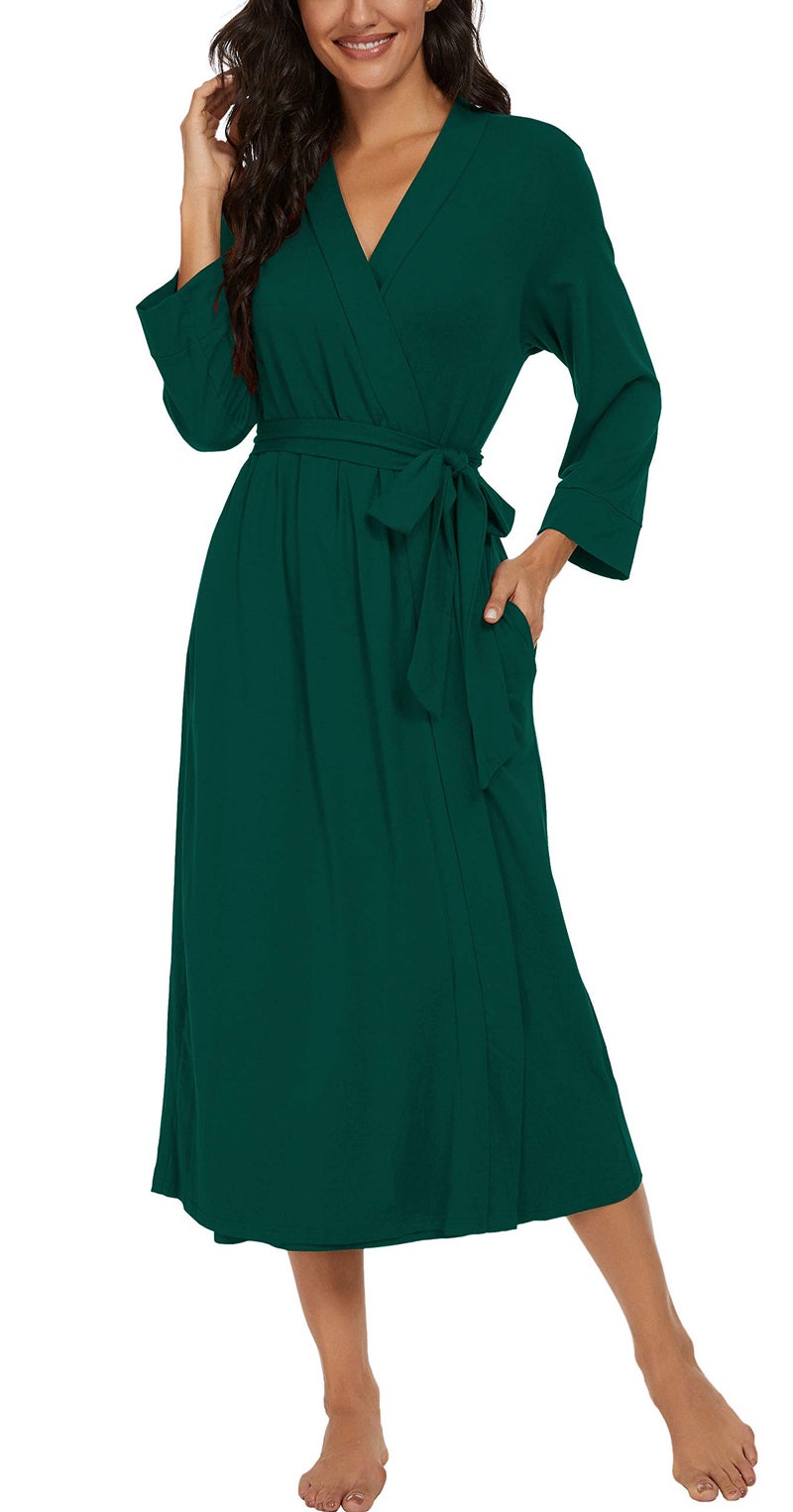VINTATRE Women Kimono Robes Long Knit Bathrobe Lightweight Soft Knit Sleepwear V-neck Casual Ladies Loungewear Dark Green-Medium - Image 3